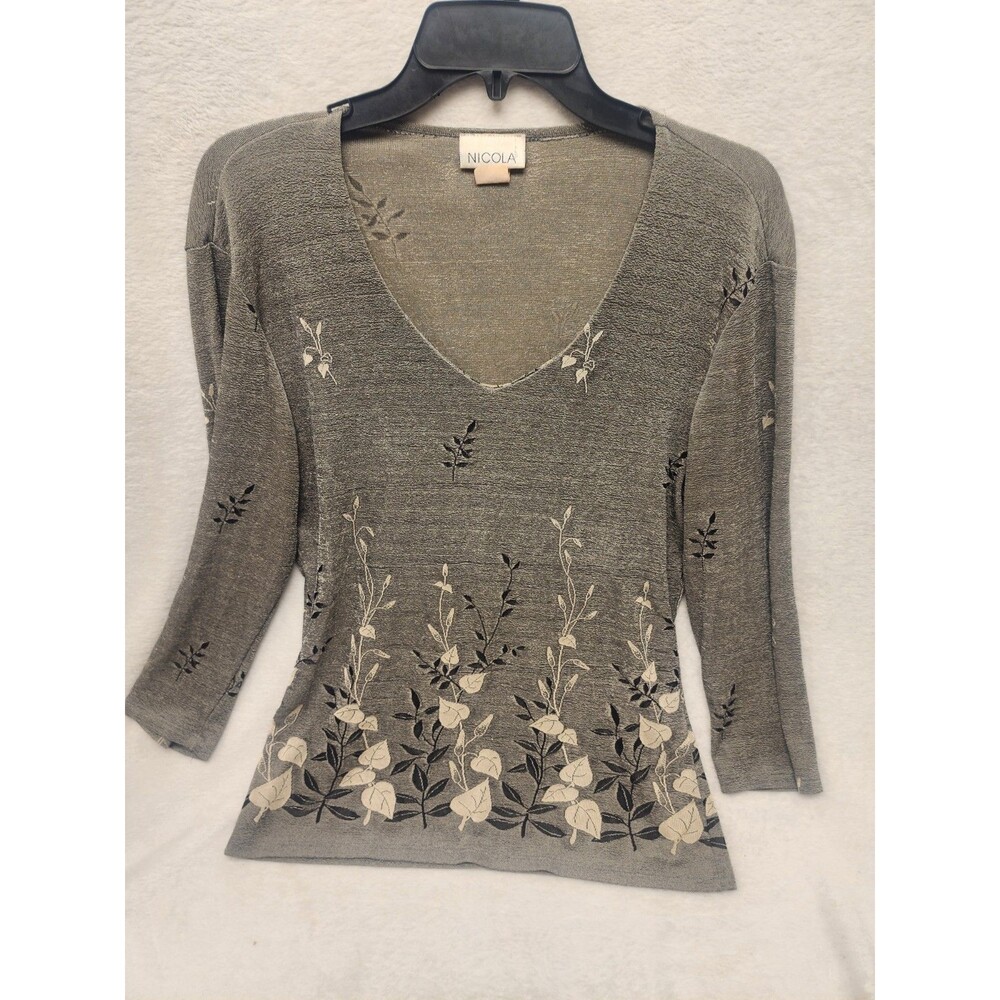 Vintage Nicola Silver Metallic Blouse Shirt Stretch Made In USA Women L
